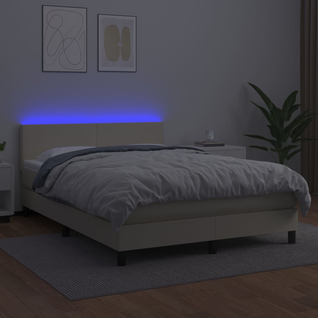 krémszínű műbőr rugós ágy matraccal és LED-del 140x190 cm