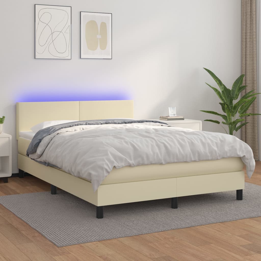krémszínű műbőr rugós ágy matraccal és LED-del 140x190 cm