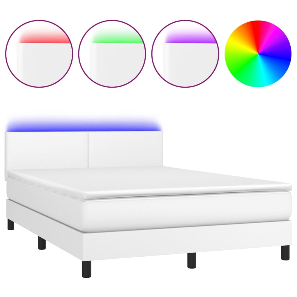 fehér műbőr rugós ágy matraccal és LED-del 140x200 cm