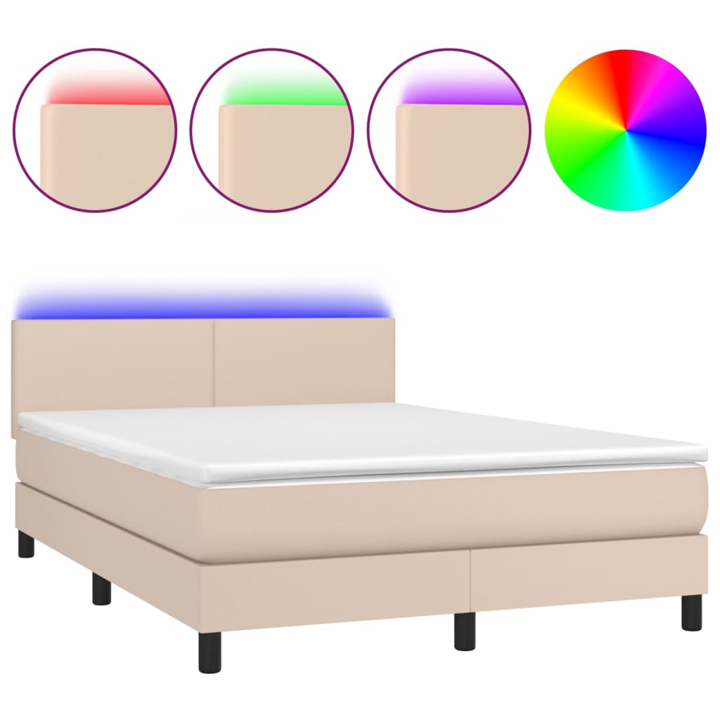 cappuccino színű műbőr rugós ágy matraccal és LED-del 140x200cm