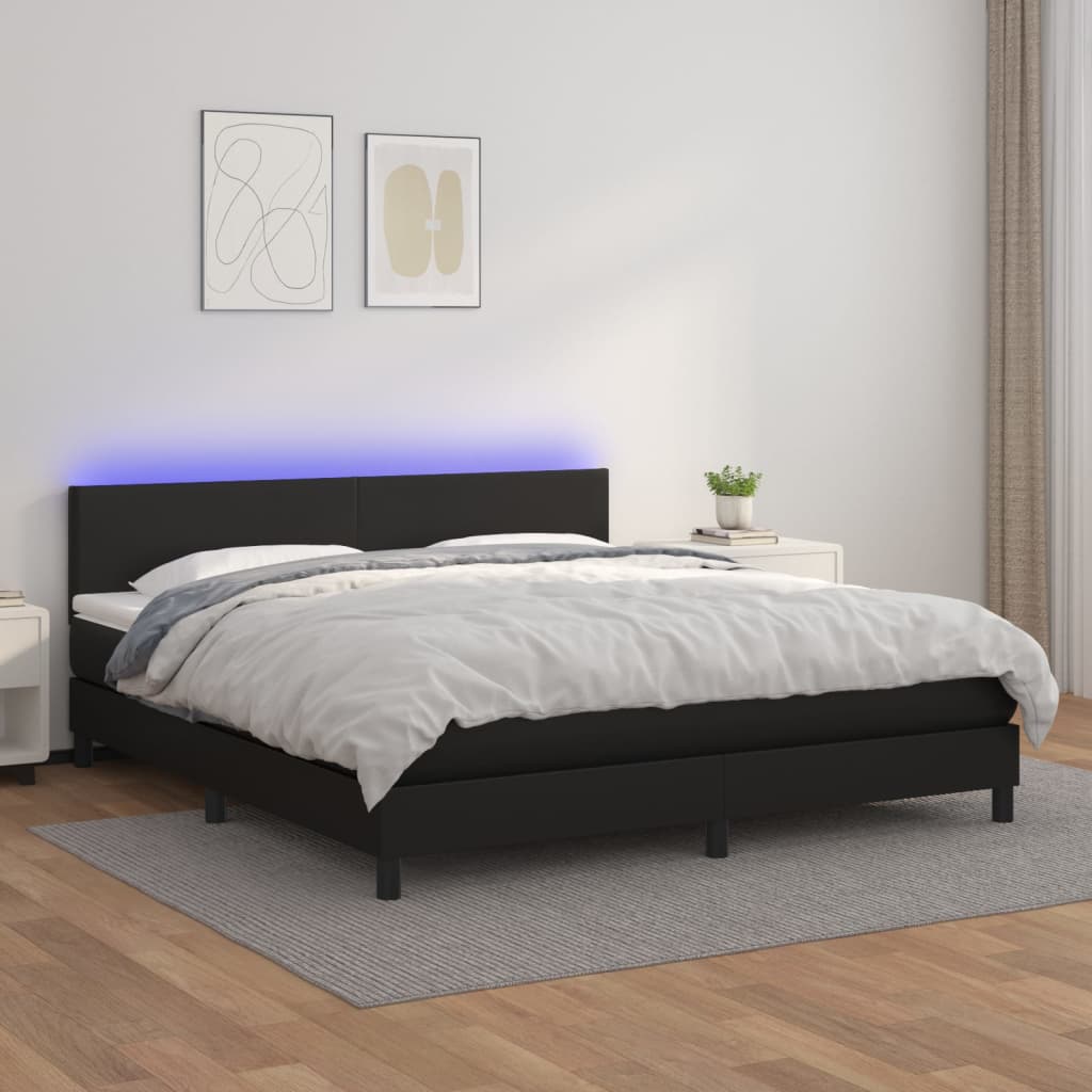fekete műbőr rugós ágy matraccal és LED-del 160x200 cm
