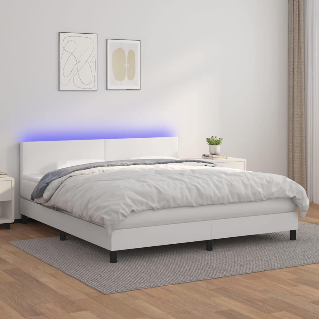 fehér műbőr rugós ágy matraccal és LED-del 160x200 cm
