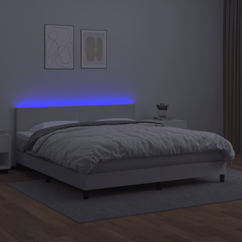 fehér műbőr rugós ágy matraccal és LED-del 180x200 cm