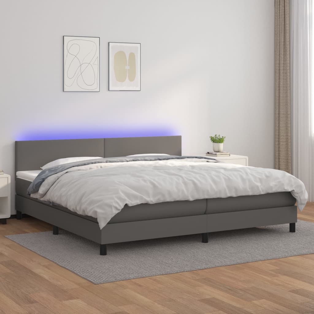 szürke műbőr rugós ágy matraccal és LED-del 200x200 cm