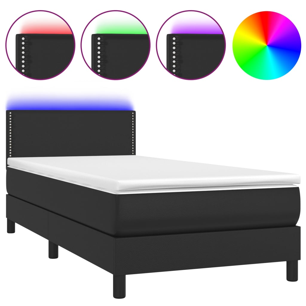 fekete műbőr rugós ágy matraccal és LED-del 90x190 cm