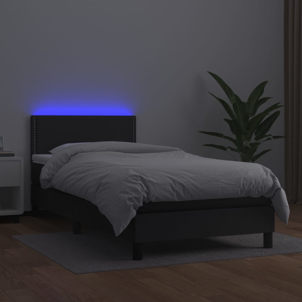 fekete műbőr rugós ágy matraccal és LED-del 90x190 cm
