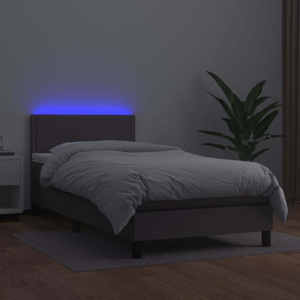 szürke műbőr rugós ágy matraccal és LED-del 100x200 cm