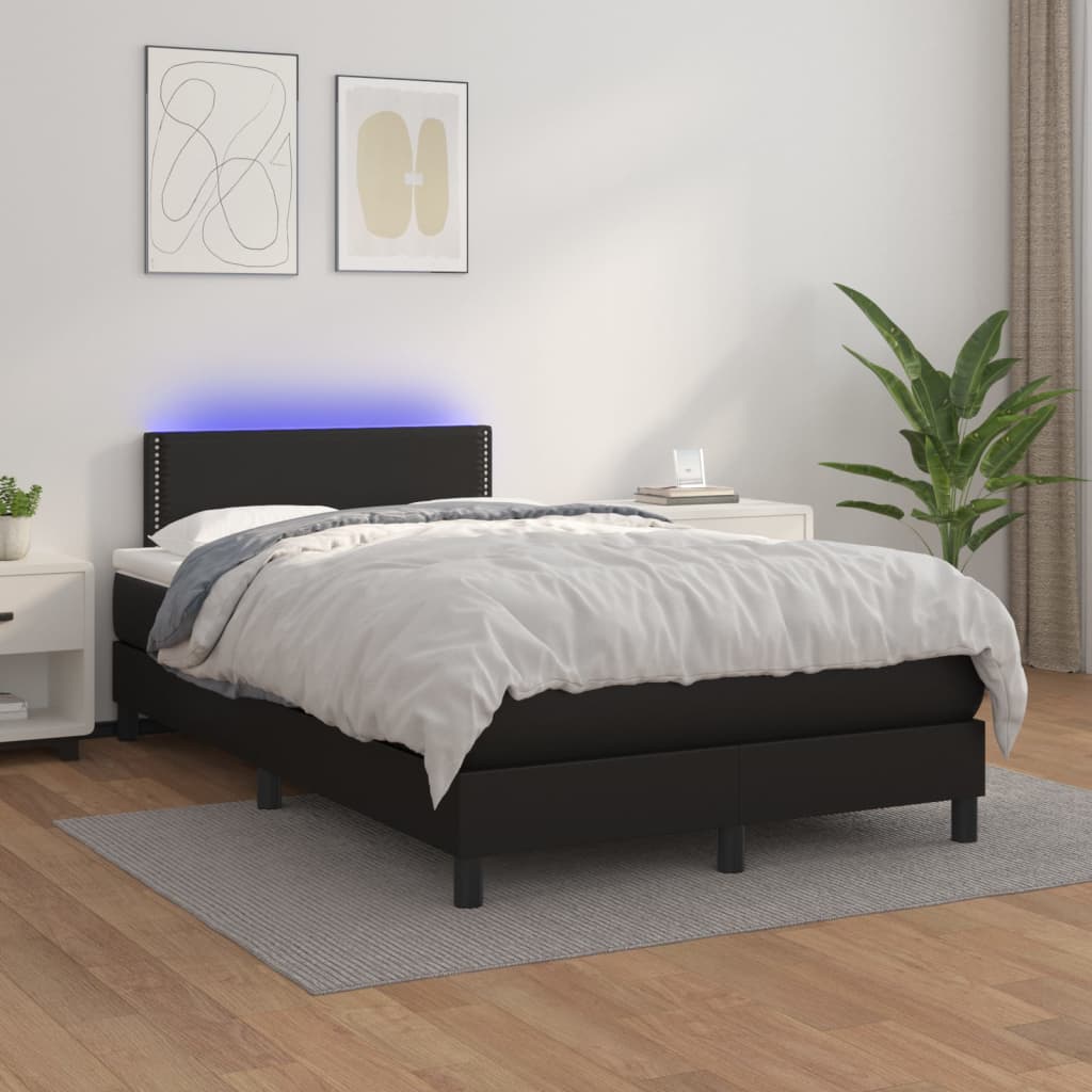 fekete műbőr rugós ágy matraccal és LED-del 120x200 cm