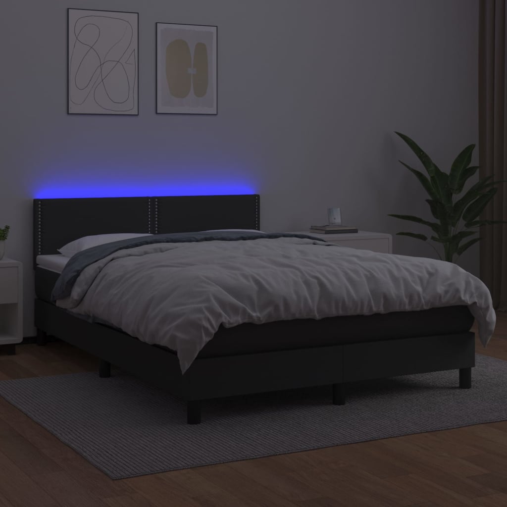 fekete műbőr rugós ágy matraccal és LED-del 140 x 190 cm