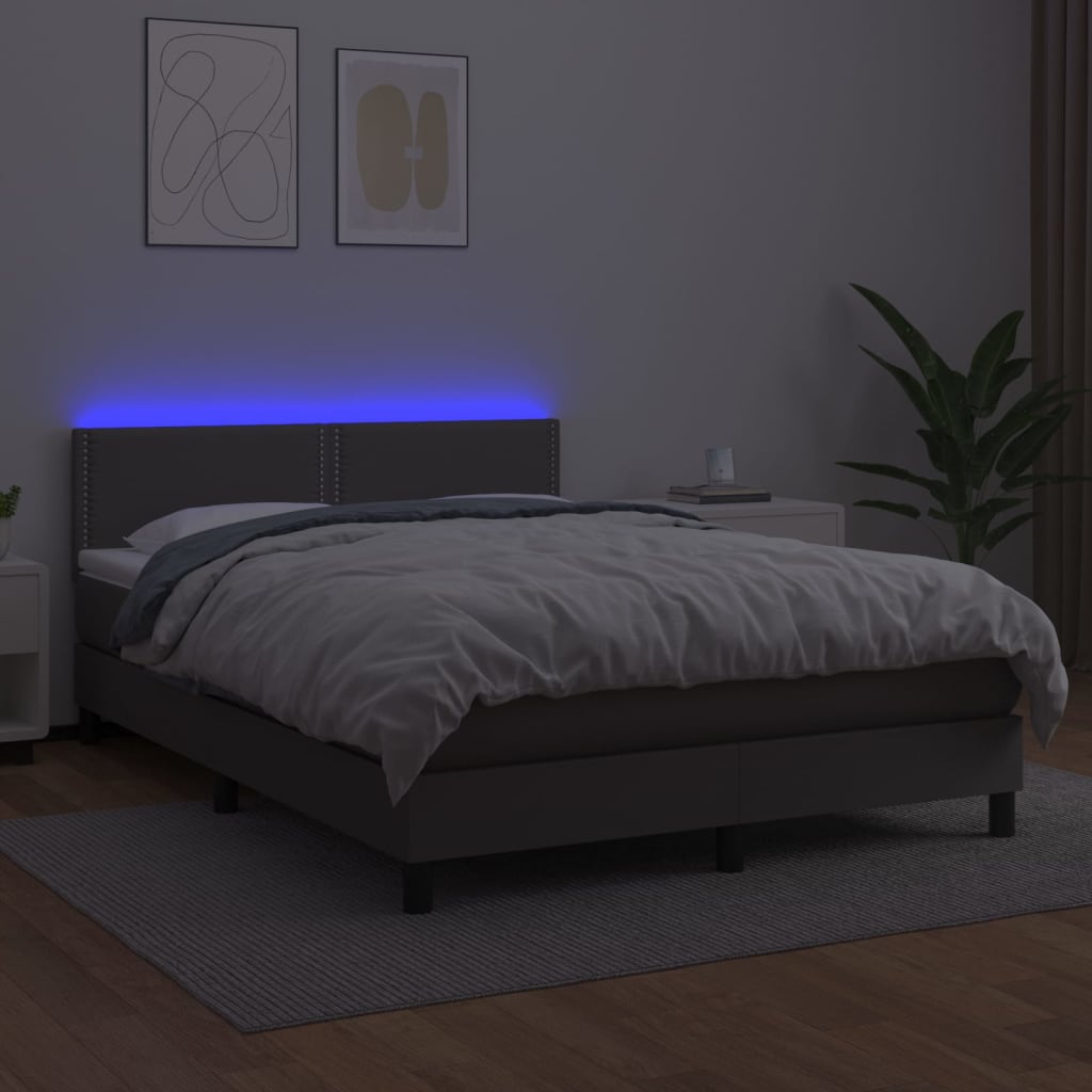 szürke műbőr rugós ágy matraccal és LED-del 140x190 cm