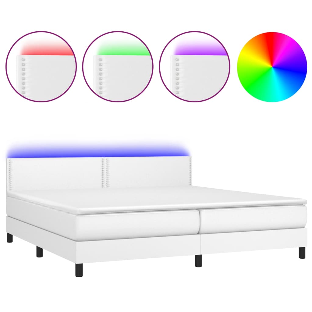fehér műbőr rugós ágy matraccal és LED-del 200x200 cm