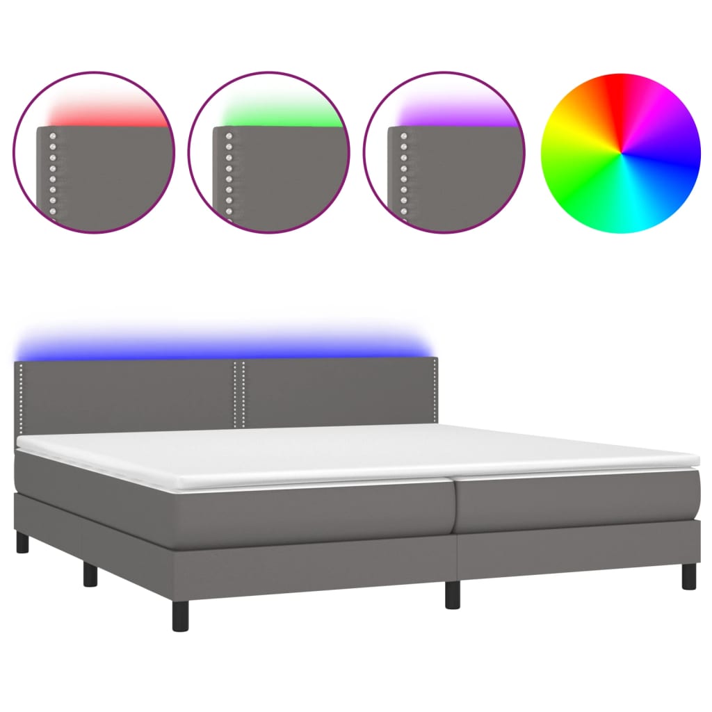 szürke műbőr rugós ágy matraccal és LED-del 200x200 cm