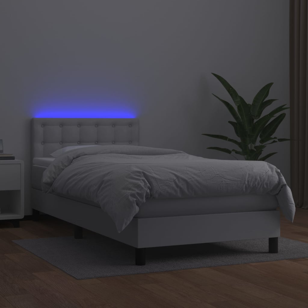 fehér műbőr rugós ágy matraccal és LED-del 80 x 200 cm