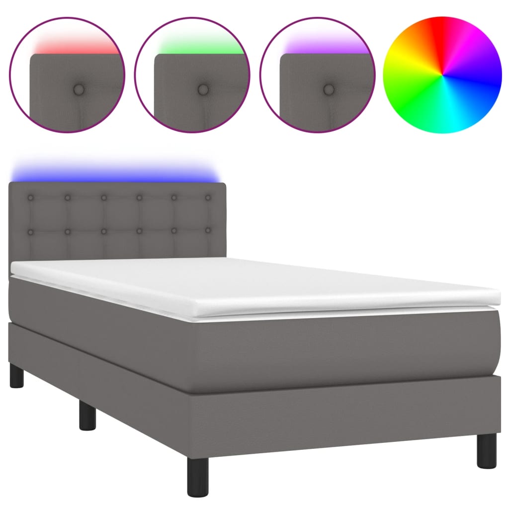 szürke műbőr rugós ágy matraccal és LED-del 80 x 200 cm