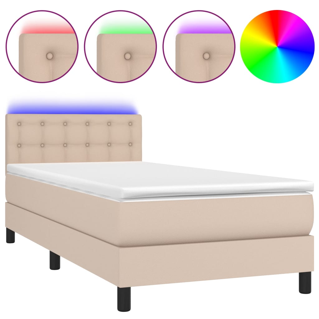 cappuccino színű műbőr rugós ágy matraccal és LED-del 90x190 cm