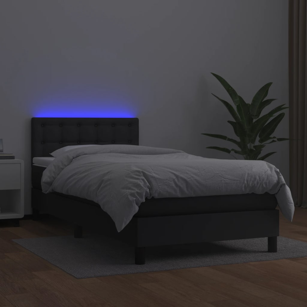fekete műbőr rugós ágy matraccal és LED-del 90x200 cm
