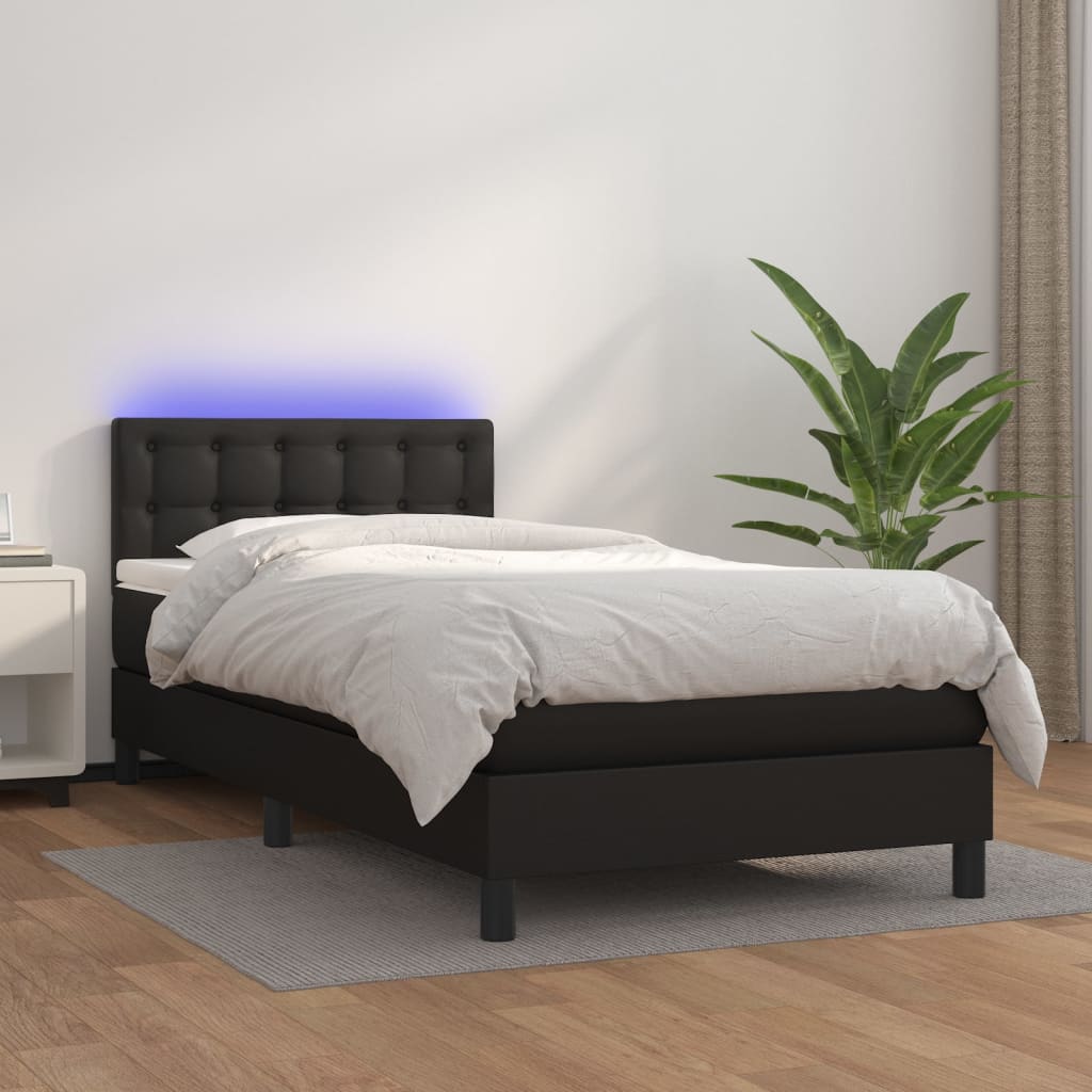 fekete műbőr rugós ágy matraccal és LED-del 90x200 cm