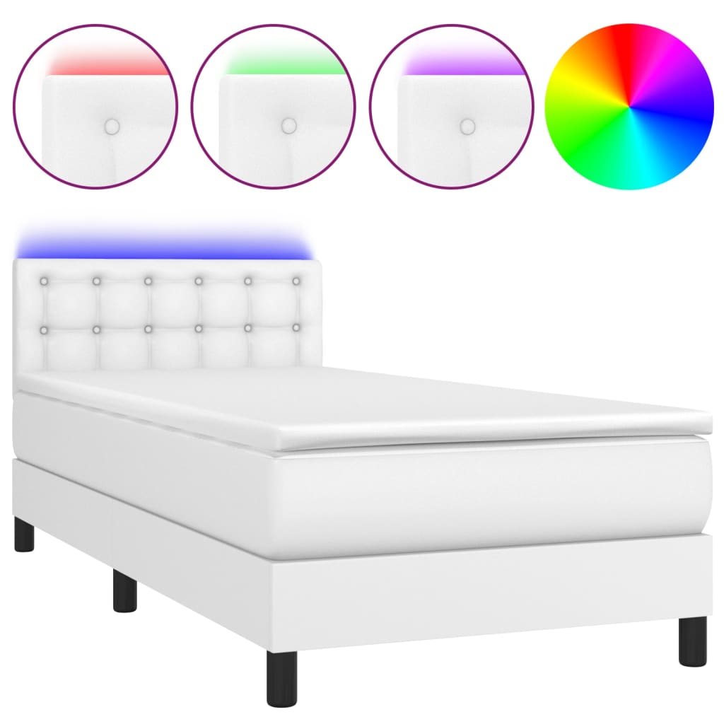 fehér műbőr rugós ágy matraccal és LED-del 90x200 cm