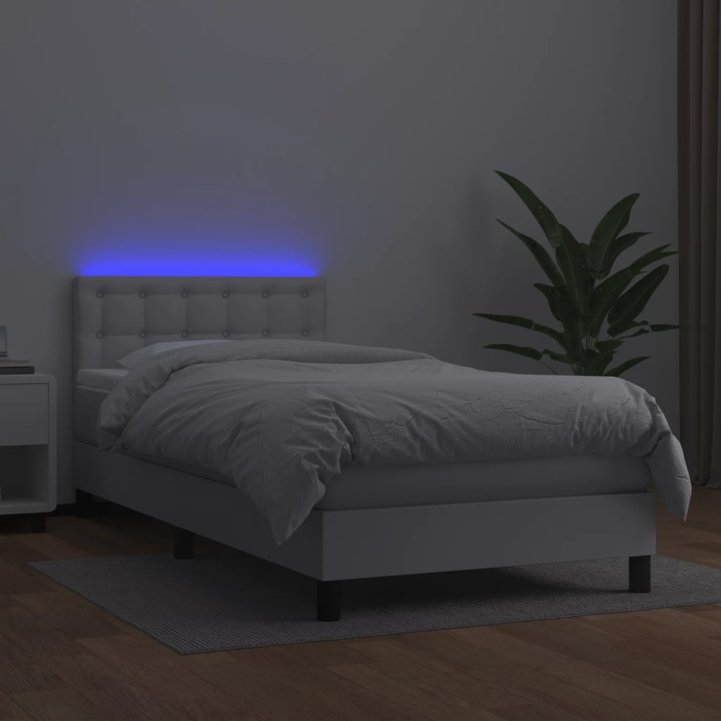 fehér műbőr rugós ágy matraccal és LED-del 90x200 cm