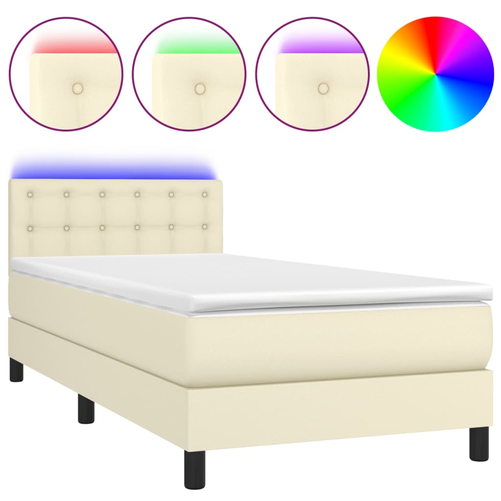 krémszínű műbőr rugós ágy matraccal és LED-del 90x200 cm