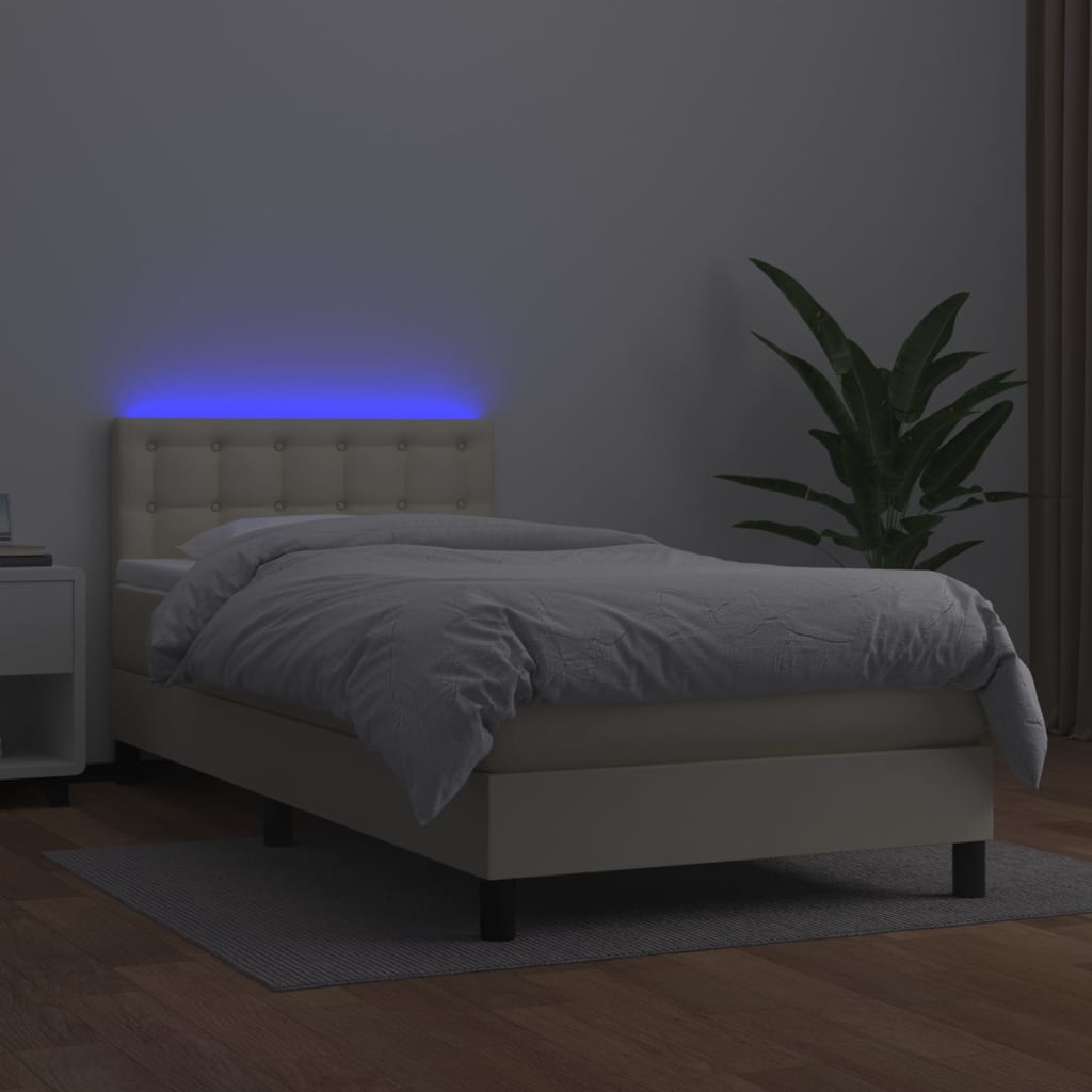 krémszínű műbőr rugós ágy matraccal és LED-del 90x200 cm