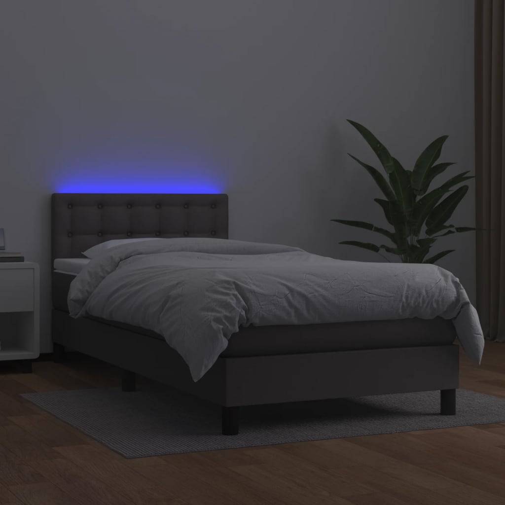szürke műbőr rugós ágy matraccal és LED-del 90x200 cm