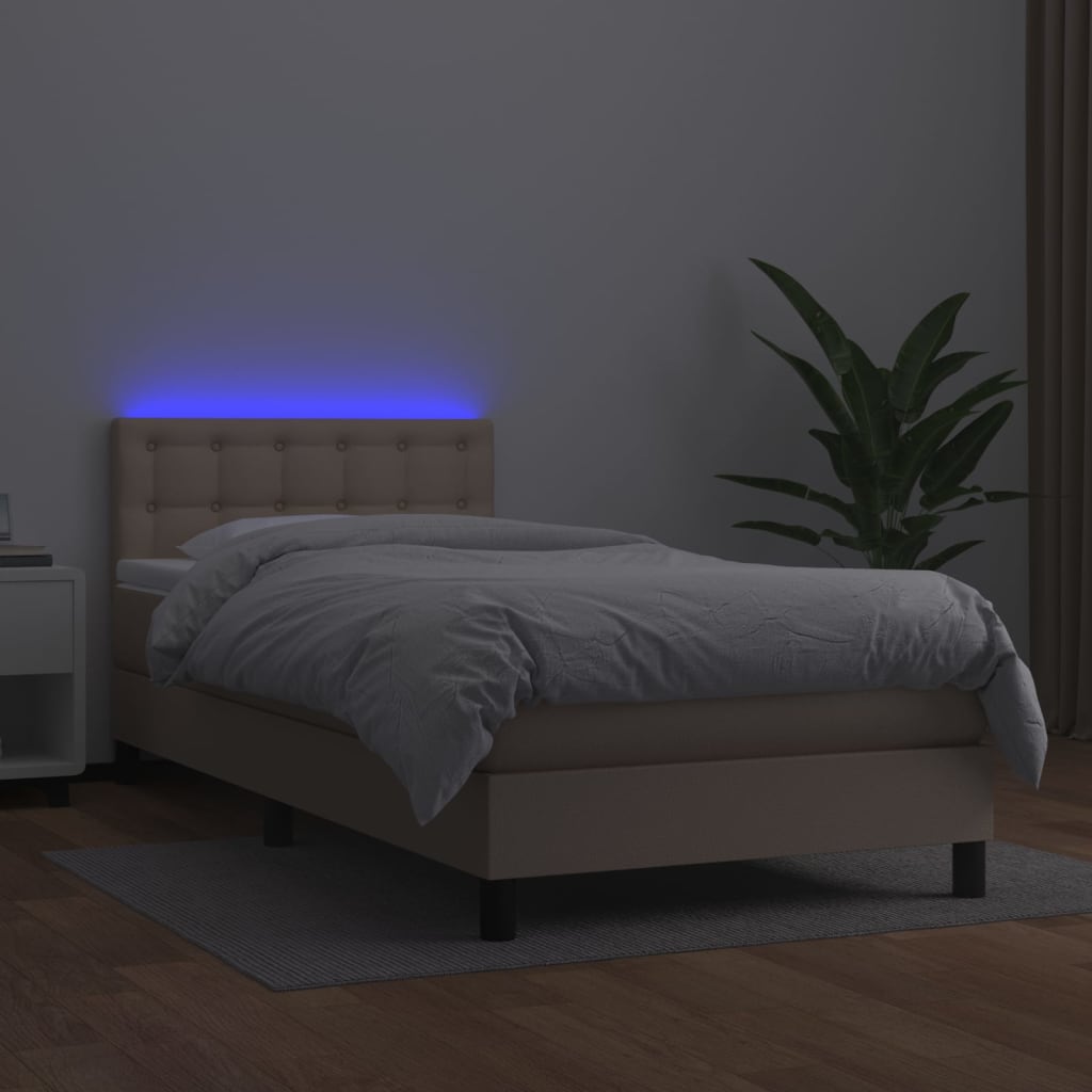 cappuccino színű műbőr rugós ágy matraccal és LED-del 90x200 cm