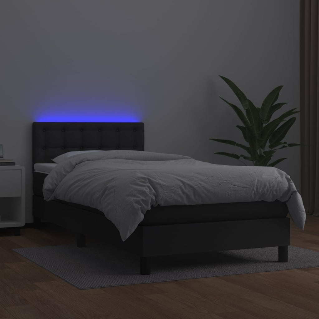 fekete műbőr rugós ágy matraccal és LED-del 100x200 cm