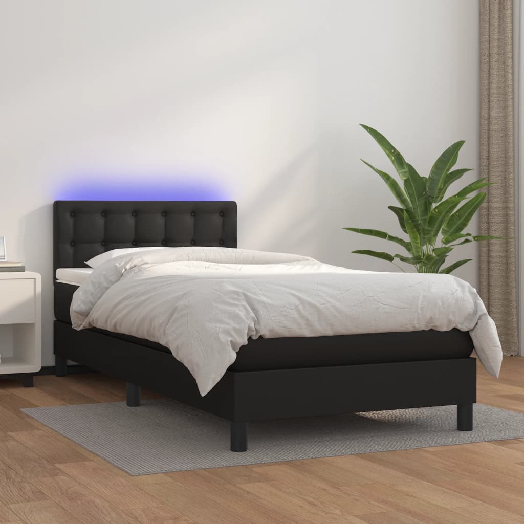 fekete műbőr rugós ágy matraccal és LED-del 100x200 cm