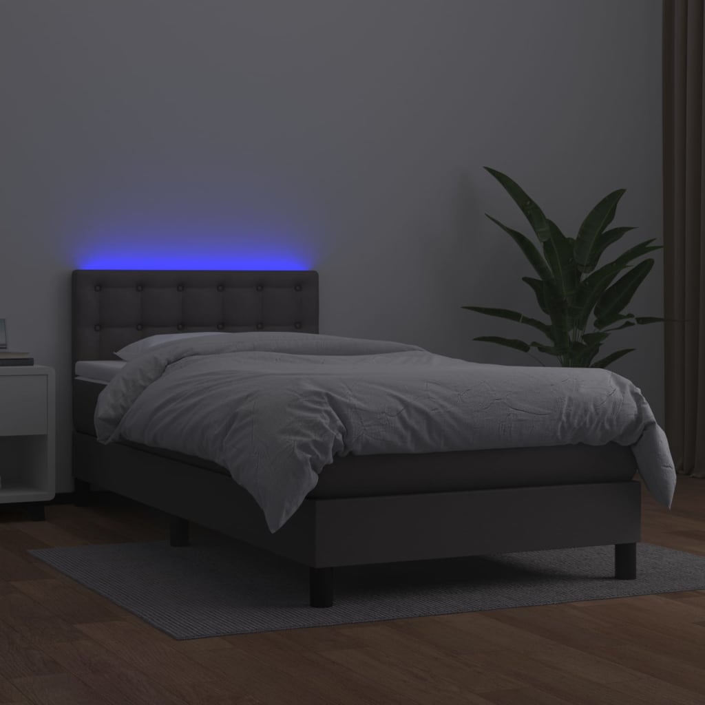 szürke műbőr rugós ágy matraccal és LED-del 100x200 cm