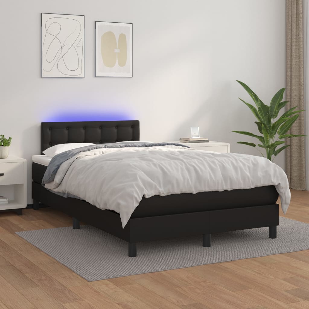 fekete műbőr rugós ágy matraccal és LED-del 120x200 cm