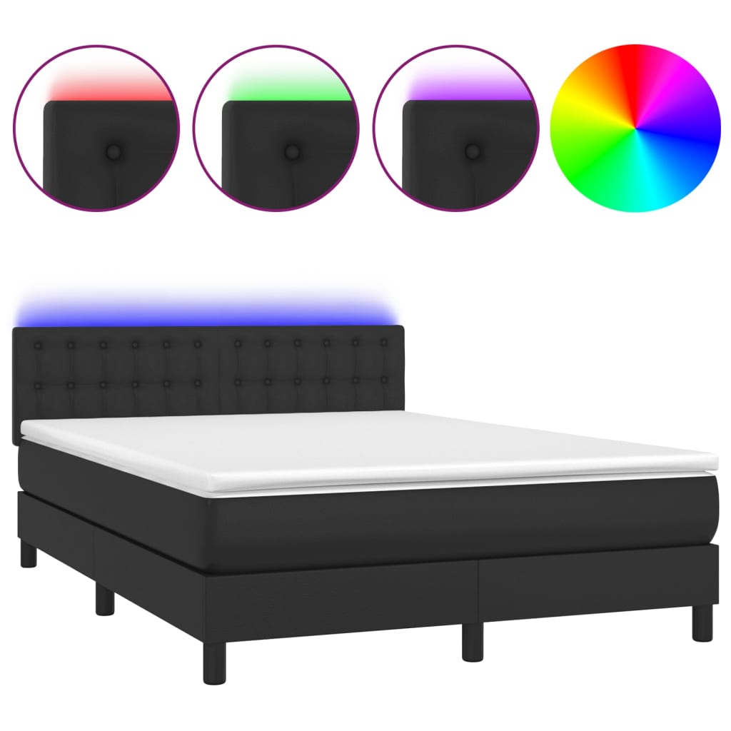 fekete műbőr rugós ágy matraccal és LED-del 140 x 190 cm