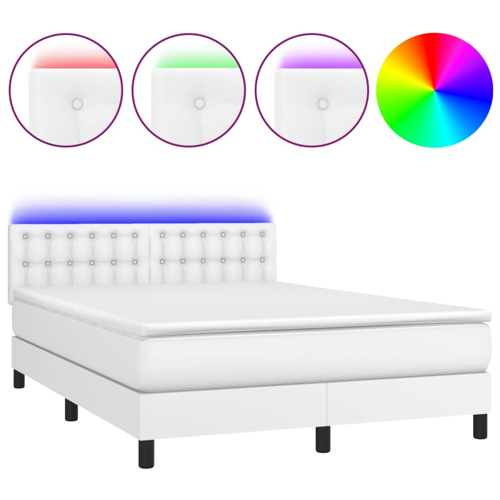 fehér műbőr rugós ágy matraccal és LED-del 140x190 cm
