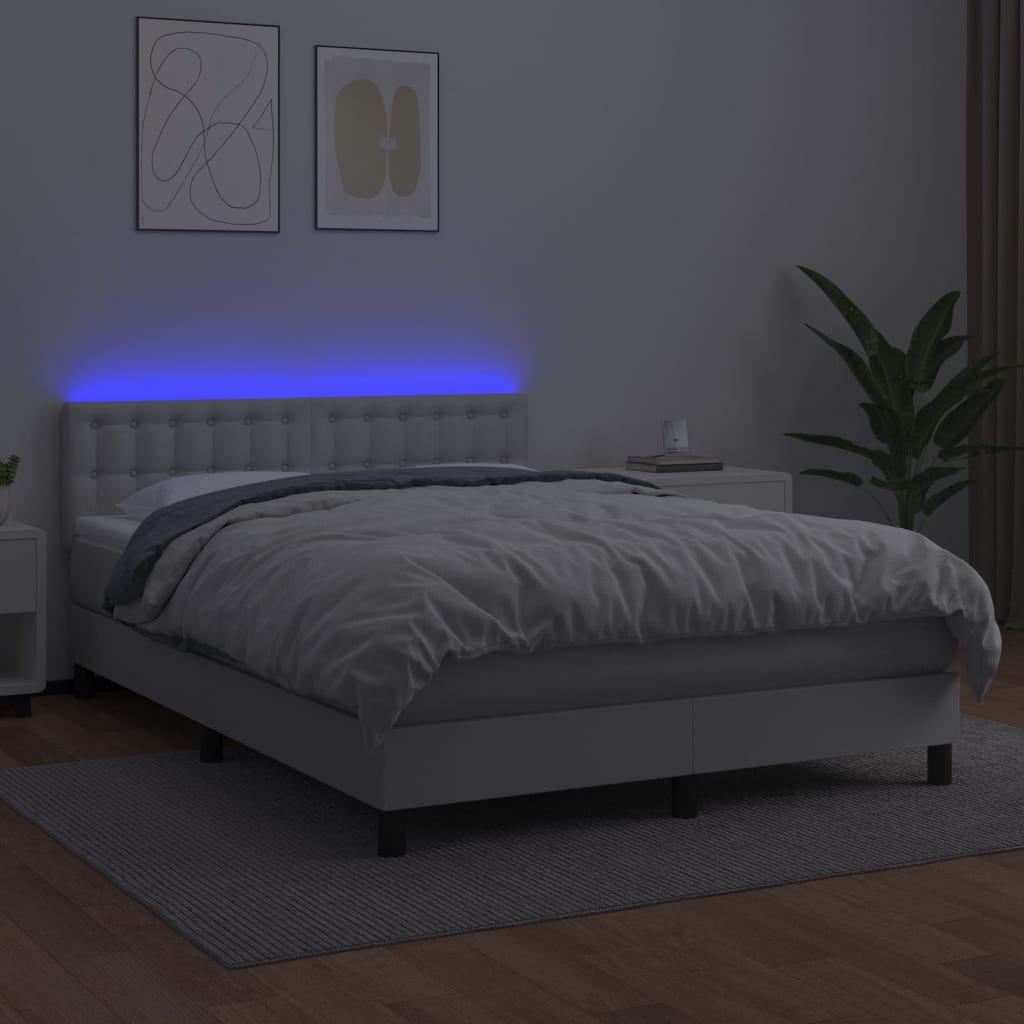 fehér műbőr rugós ágy matraccal és LED-del 140x190 cm