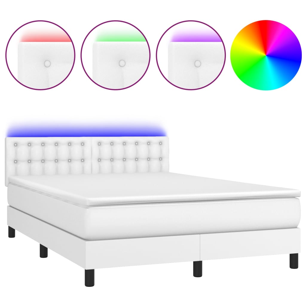 fehér műbőr rugós ágy matraccal és LED-del 140x200 cm