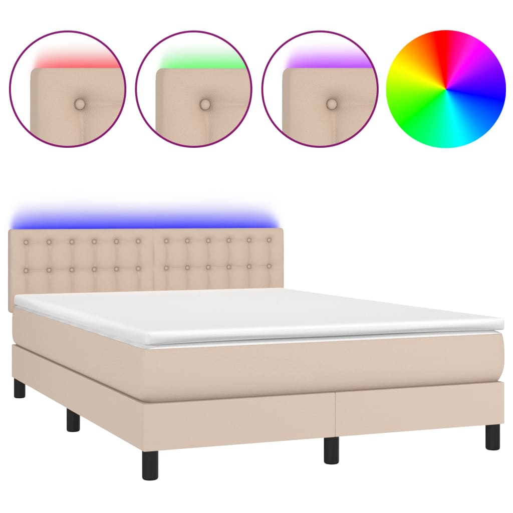 cappuccino színű műbőr rugós ágy matraccal és LED-del 140x200cm