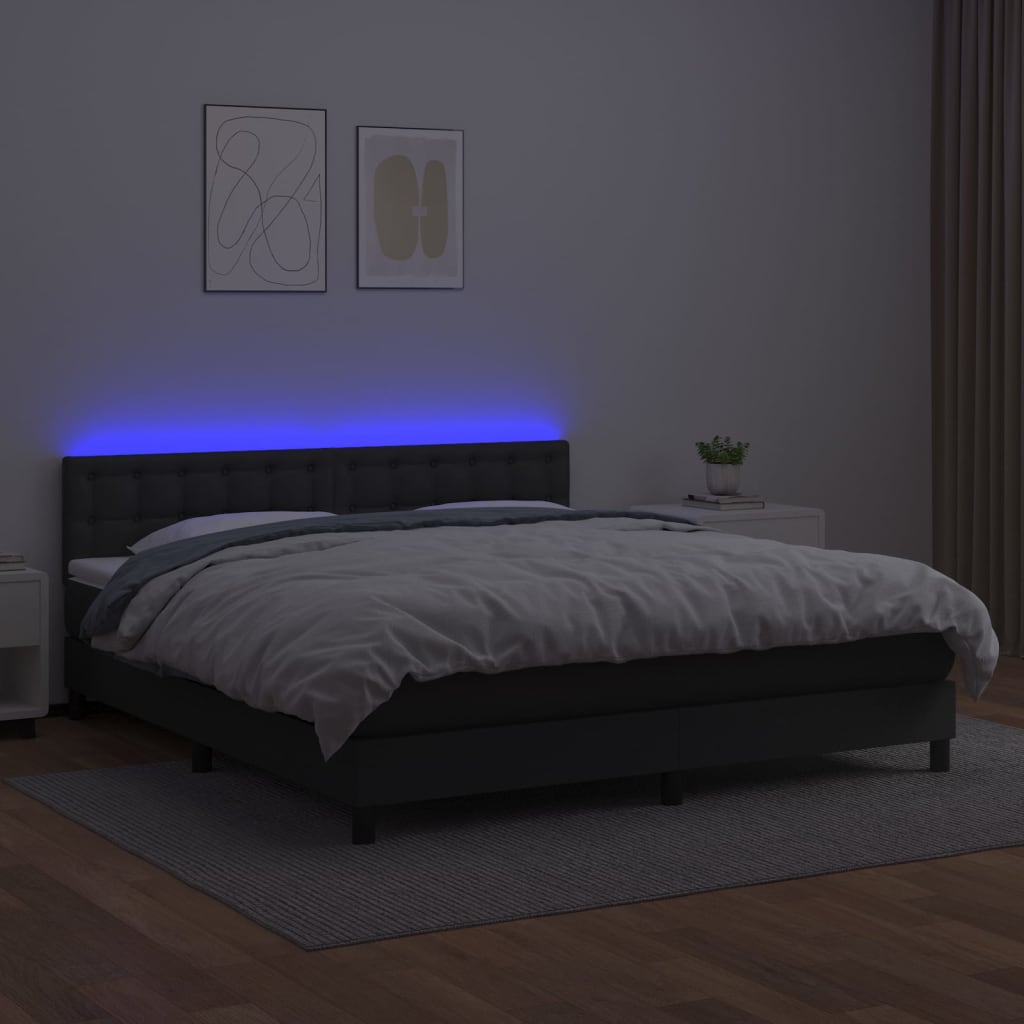 fekete műbőr rugós ágy matraccal és LED-del 160x200 cm