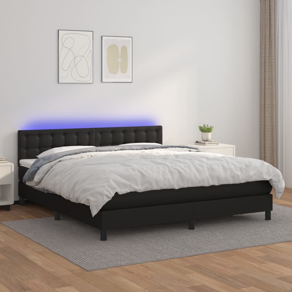 fekete műbőr rugós ágy matraccal és LED-del 160x200 cm