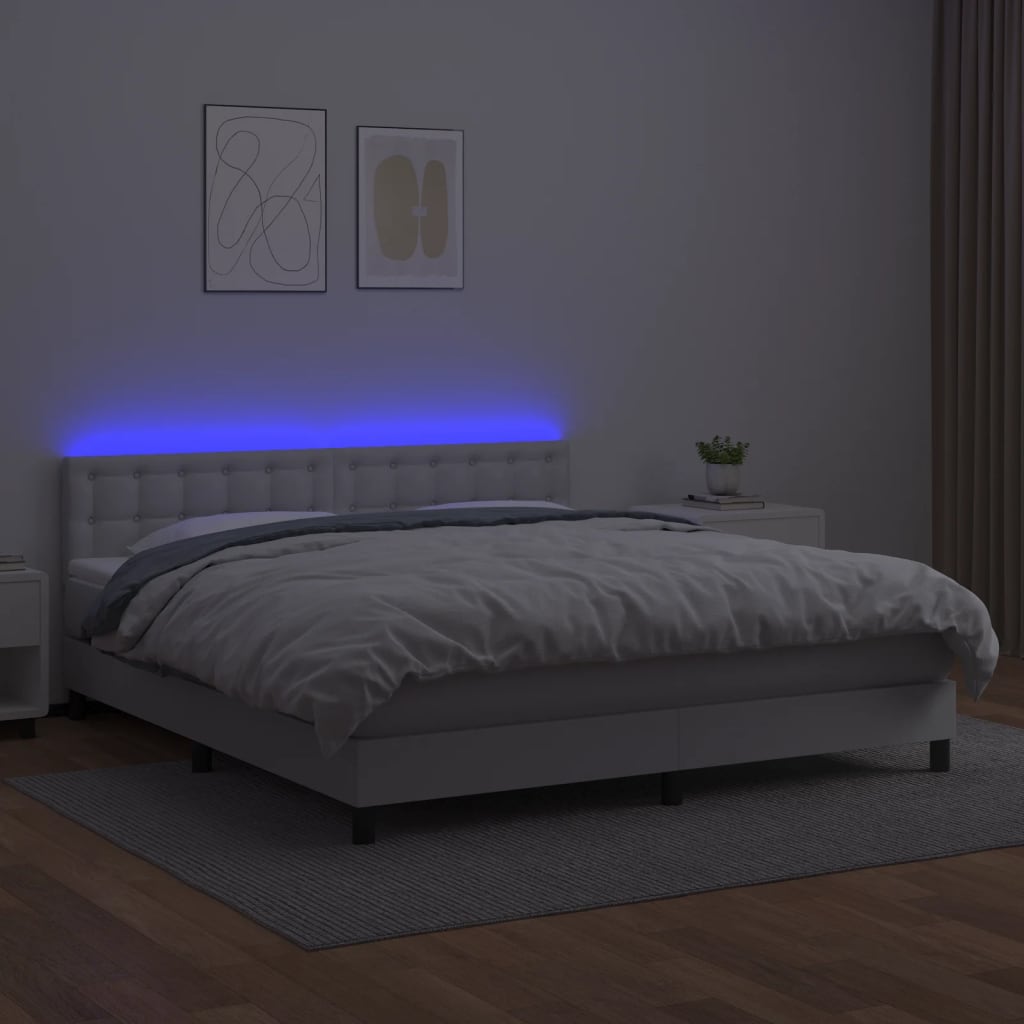 fehér műbőr rugós ágy matraccal és LED-del 160x200 cm