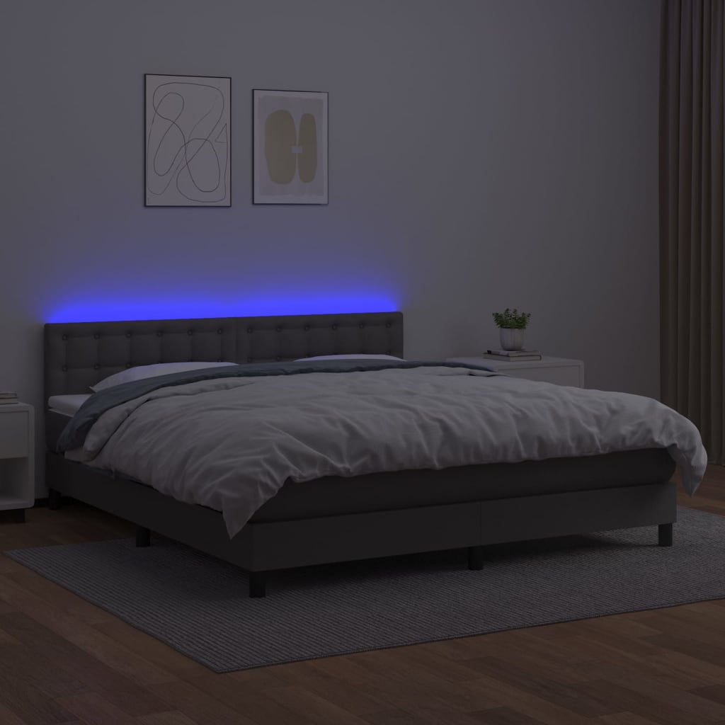 szürke műbőr rugós ágy matraccal és LED-del 160x200 cm