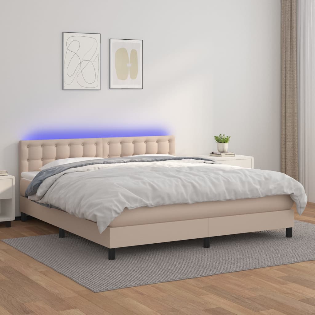 cappuccino színű műbőr rugós ágy matraccal és LED-del 160x200cm