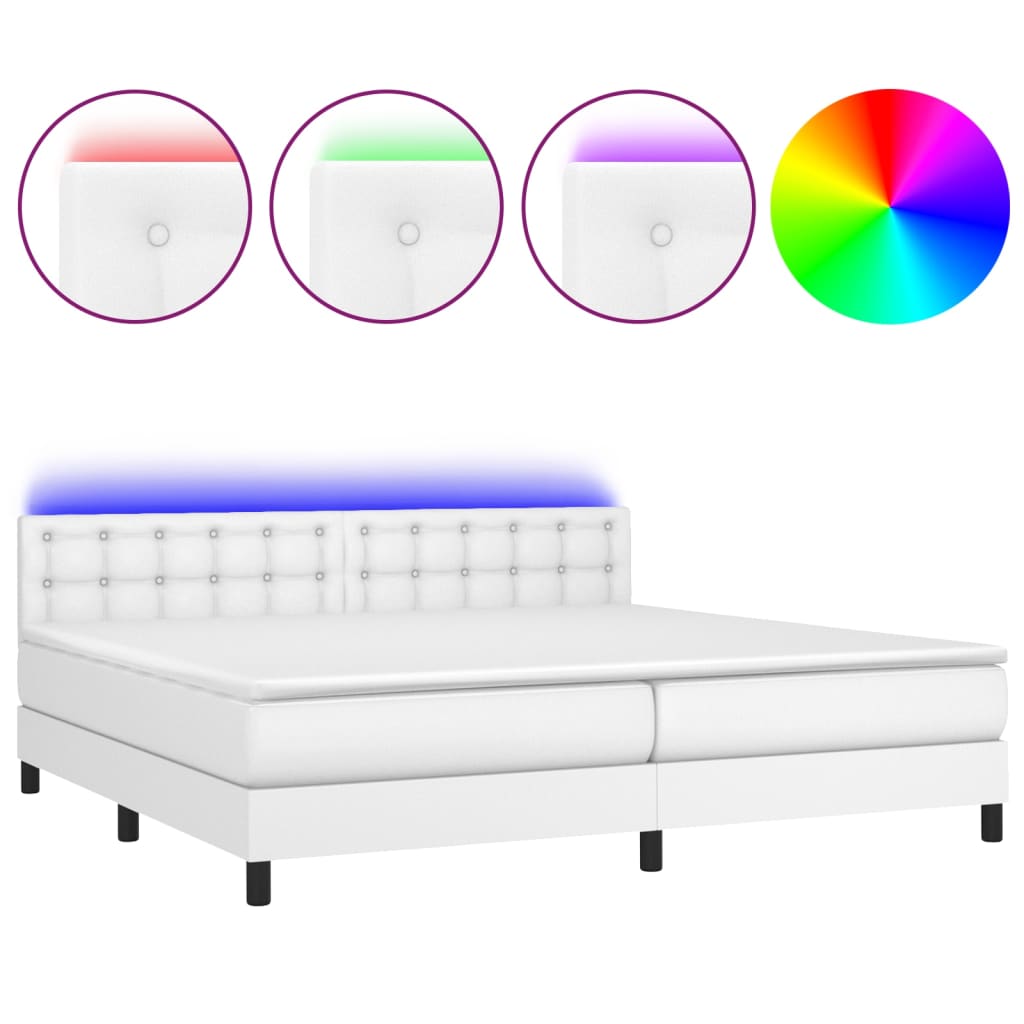 fehér műbőr rugós ágy matraccal és LED-del 200x200 cm
