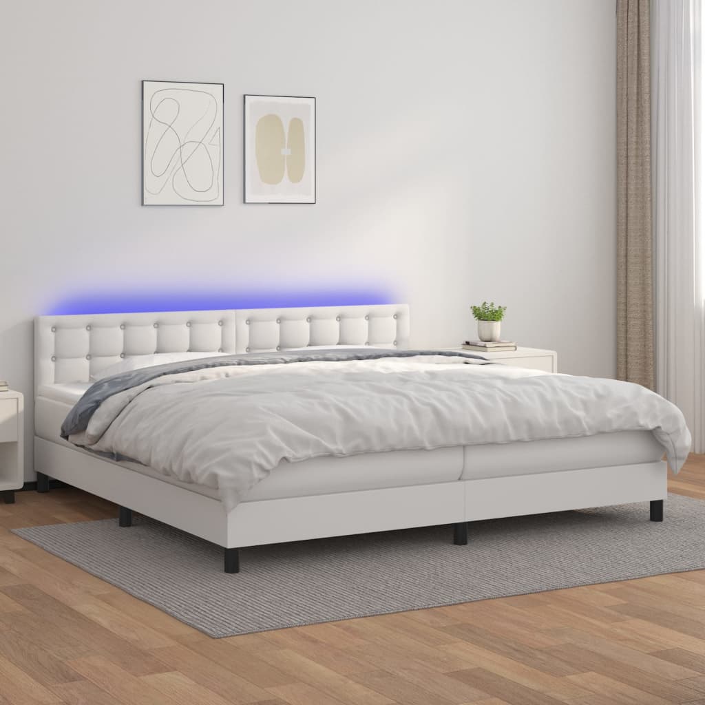 fehér műbőr rugós ágy matraccal és LED-del 200x200 cm