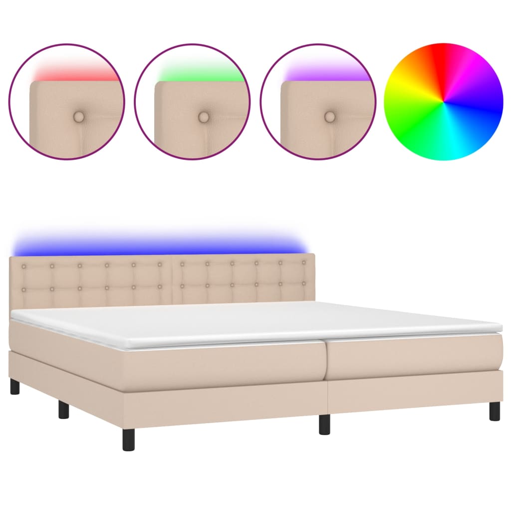 cappuccino színű műbőr rugós ágy matraccal és LED-del 200x200cm