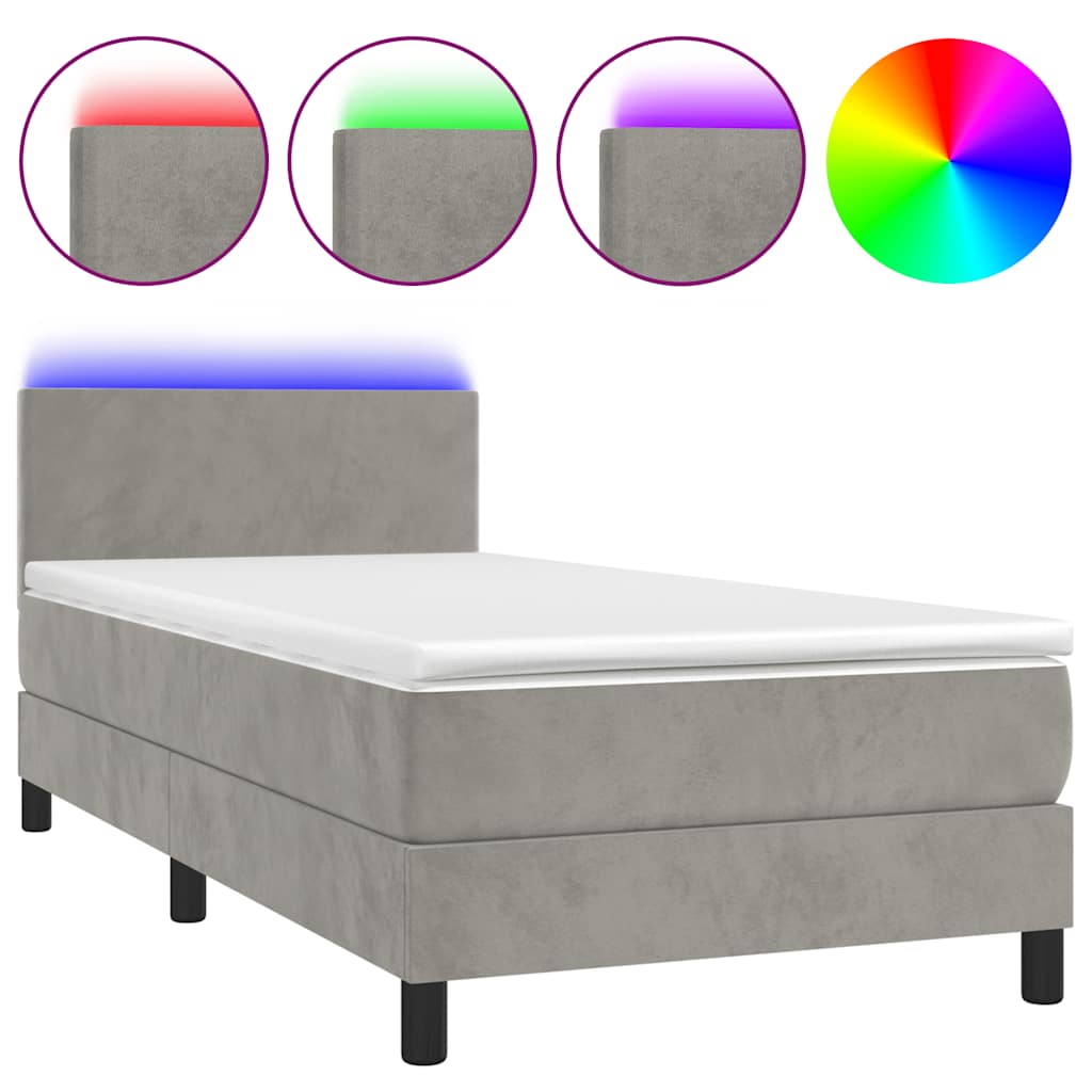 világosszürke bársony rugós és LED-es ágy matraccal 80 x 200 cm