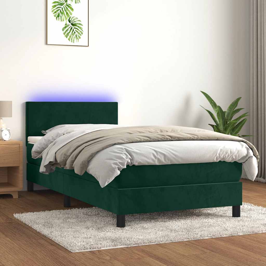 sötétzöld bársony rugós és LED-es ágy matraccal 80 x 200 cm