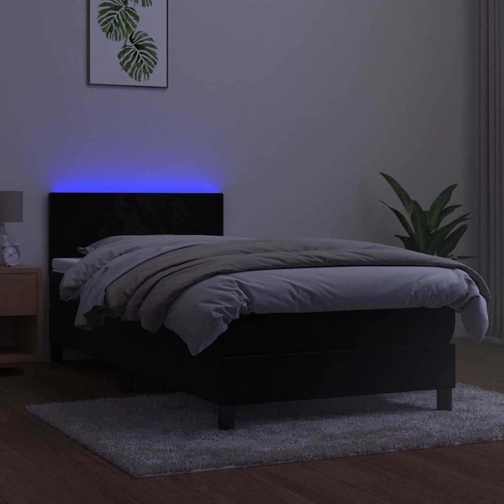 fekete bársony rugós és LED-es ágy matraccal 90x190 cm