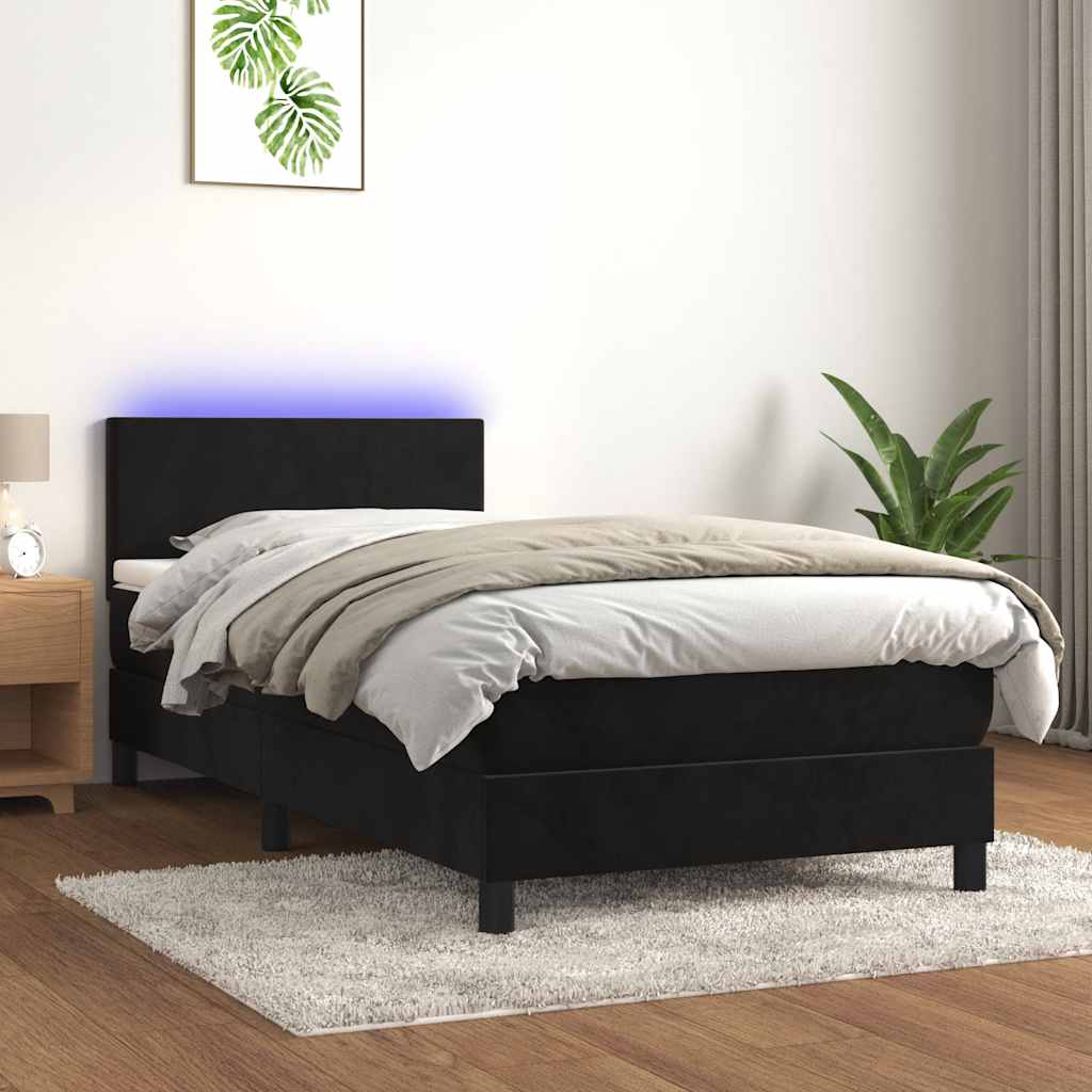 fekete bársony rugós és LED-es ágy matraccal 90x190 cm