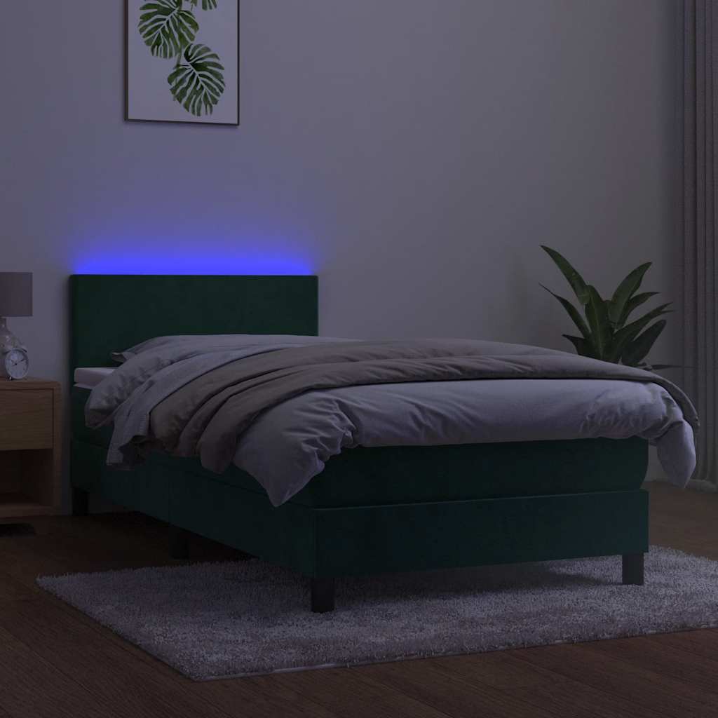 sötétzöld bársony rugós és LED-es ágy matraccal 90x190 cm