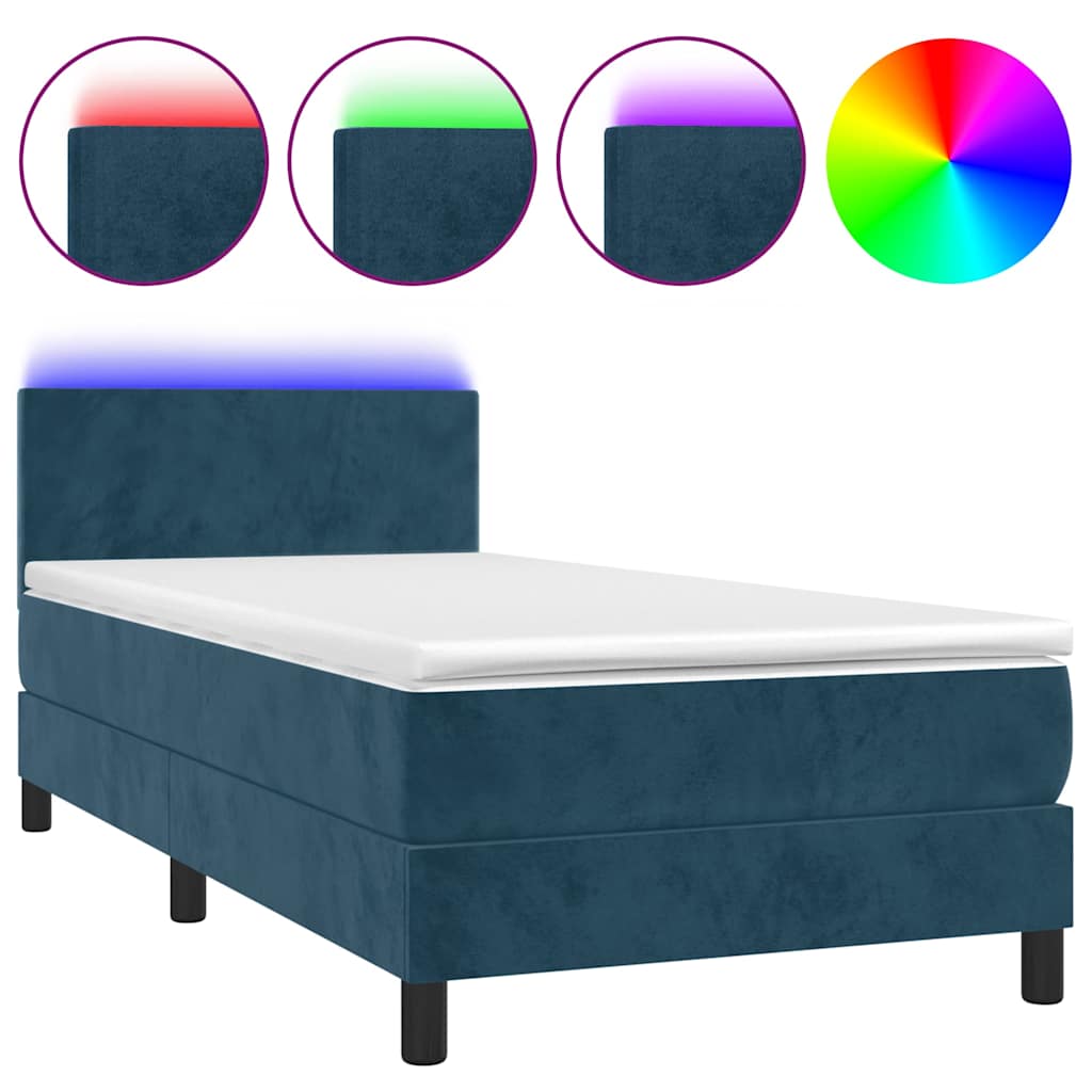 sötétkék bársony rugós és LED-es ágy matraccal 90x190 cm
